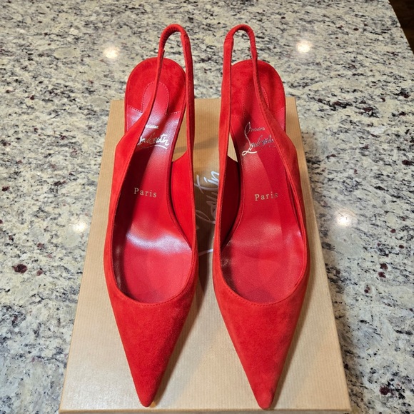 NEW Christian Louboutin Clare Sling 80mm Size 39 in Fiery Red Suede - Picture 4 of 13